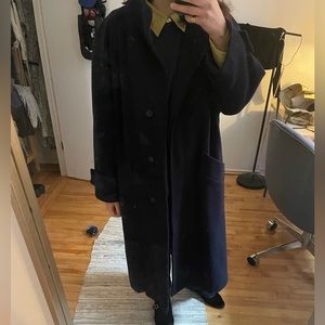 Long navy wool and cashmere winter coat
